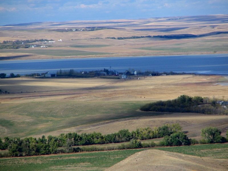 View of farmlands surrounding Fife Lake taken from a hill N.E. of Rockglen