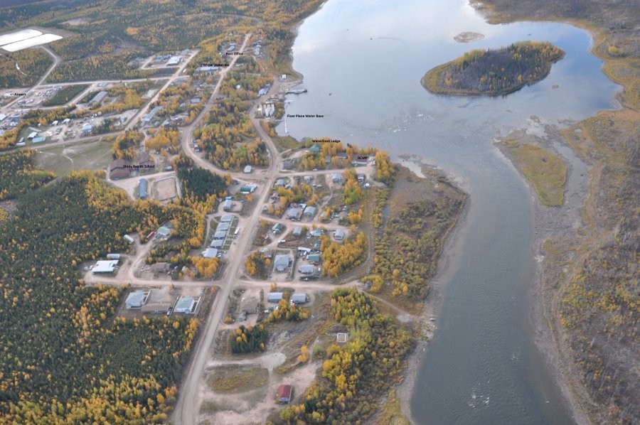 Aerial View of Stony Rapids with Waterfront Lodge location